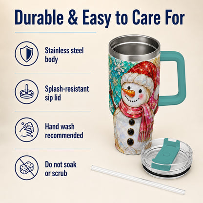 #pl[40oz|Green] Snowman 40oz Tumbler with Handle, Jeweled Winter Travel Cup