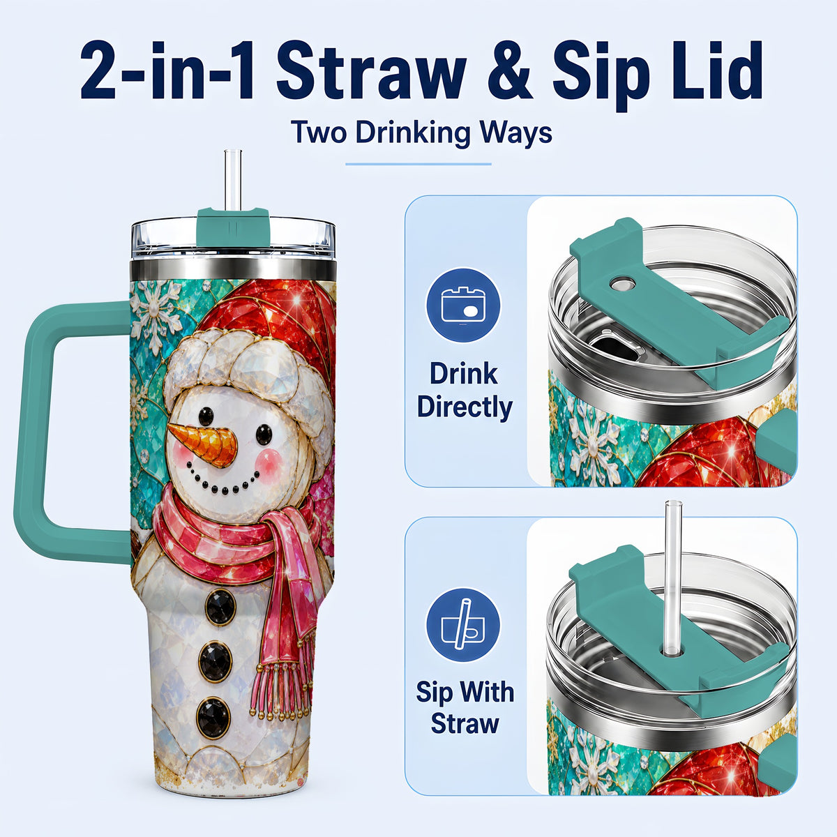 #pl[40oz|Green] Snowman 40oz Tumbler with Handle, Jeweled Winter Travel Cup