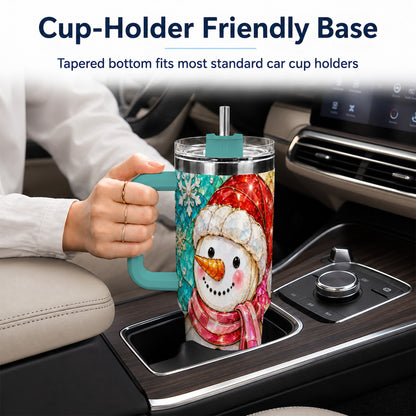 #pl[40oz|Green] Snowman 40oz Tumbler with Handle, Jeweled Winter Travel Cup