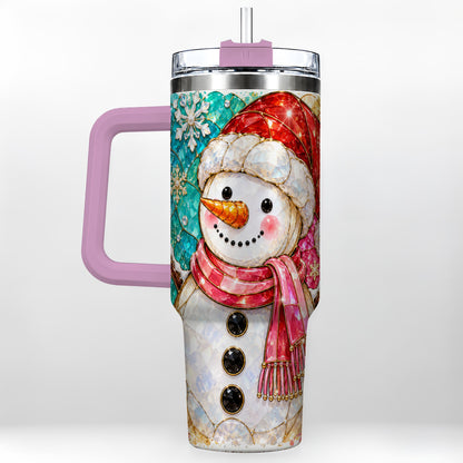 #pl[40oz|Pink] Snowman 40oz Tumbler with Handle, Jeweled Winter Travel Cup