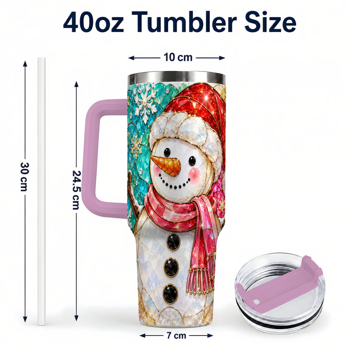#pl[40oz|Pink] Snowman 40oz Tumbler with Handle, Jeweled Winter Travel Cup