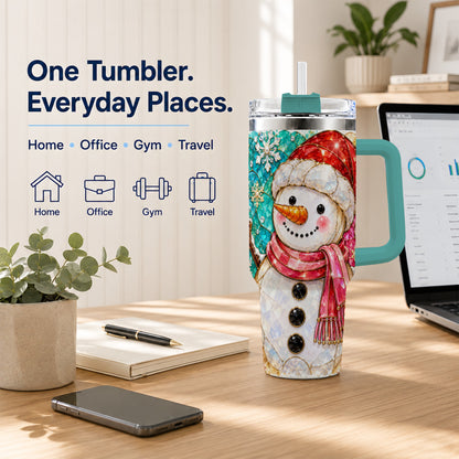 #pl[40oz|Green] Snowman 40oz Tumbler with Handle, Jeweled Winter Travel Cup
