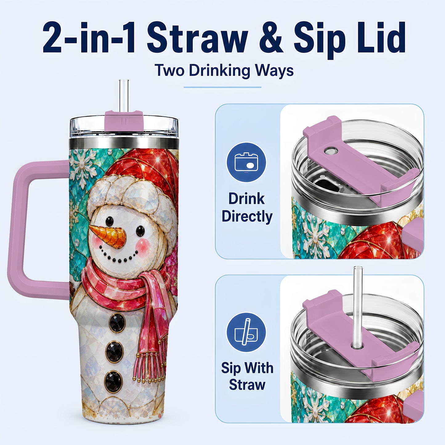 #pl[40oz|Pink] Snowman 40oz Tumbler with Handle, Jeweled Winter Travel Cup