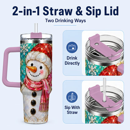 #pl[40oz|Pink] Snowman 40oz Tumbler with Handle, Jeweled Winter Travel Cup