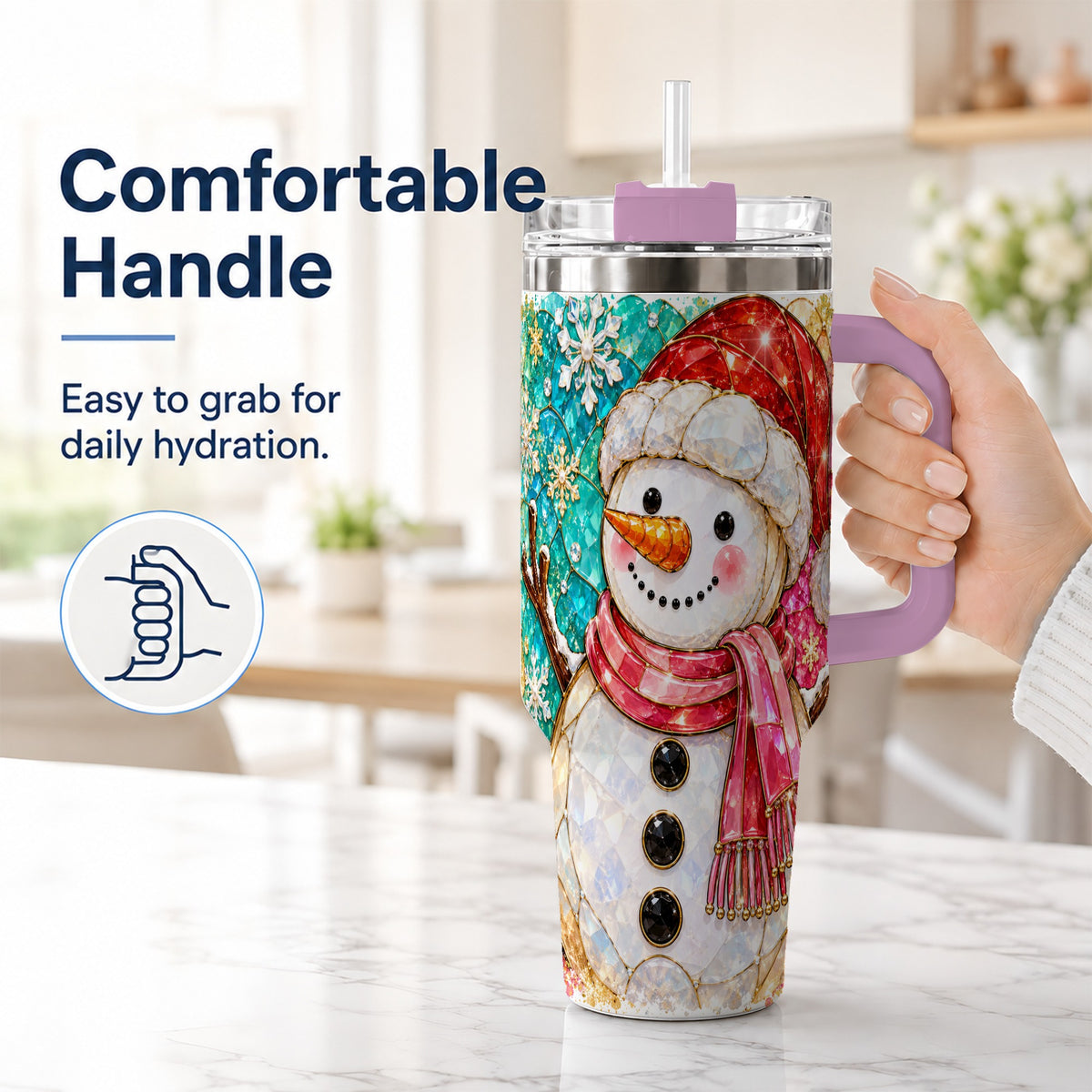 #pl[40oz|Pink] Snowman 40oz Tumbler with Handle, Jeweled Winter Travel Cup
