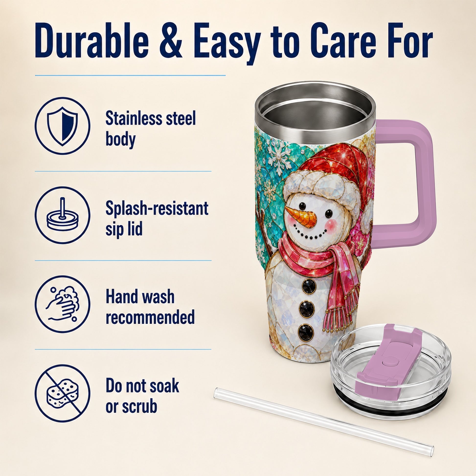 #pl[40oz|Pink] Snowman 40oz Tumbler with Handle, Jeweled Winter Travel Cup