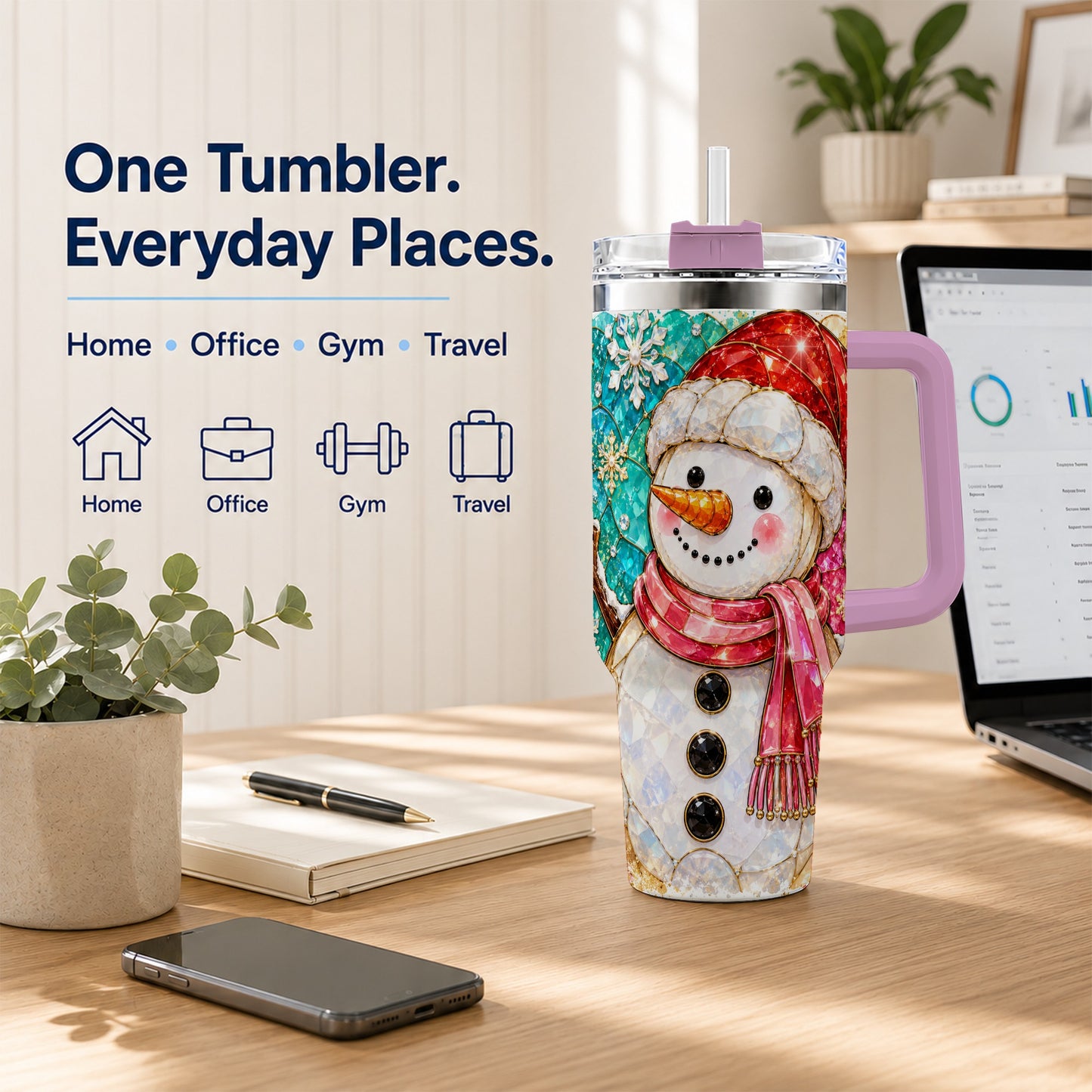 #pl[40oz|Pink] Snowman 40oz Tumbler with Handle, Jeweled Winter Travel Cup