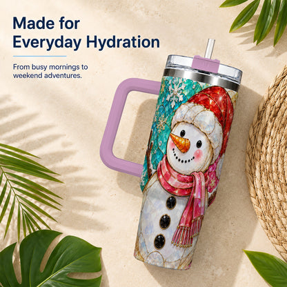 #pl[40oz|Pink] Snowman 40oz Tumbler with Handle, Jeweled Winter Travel Cup