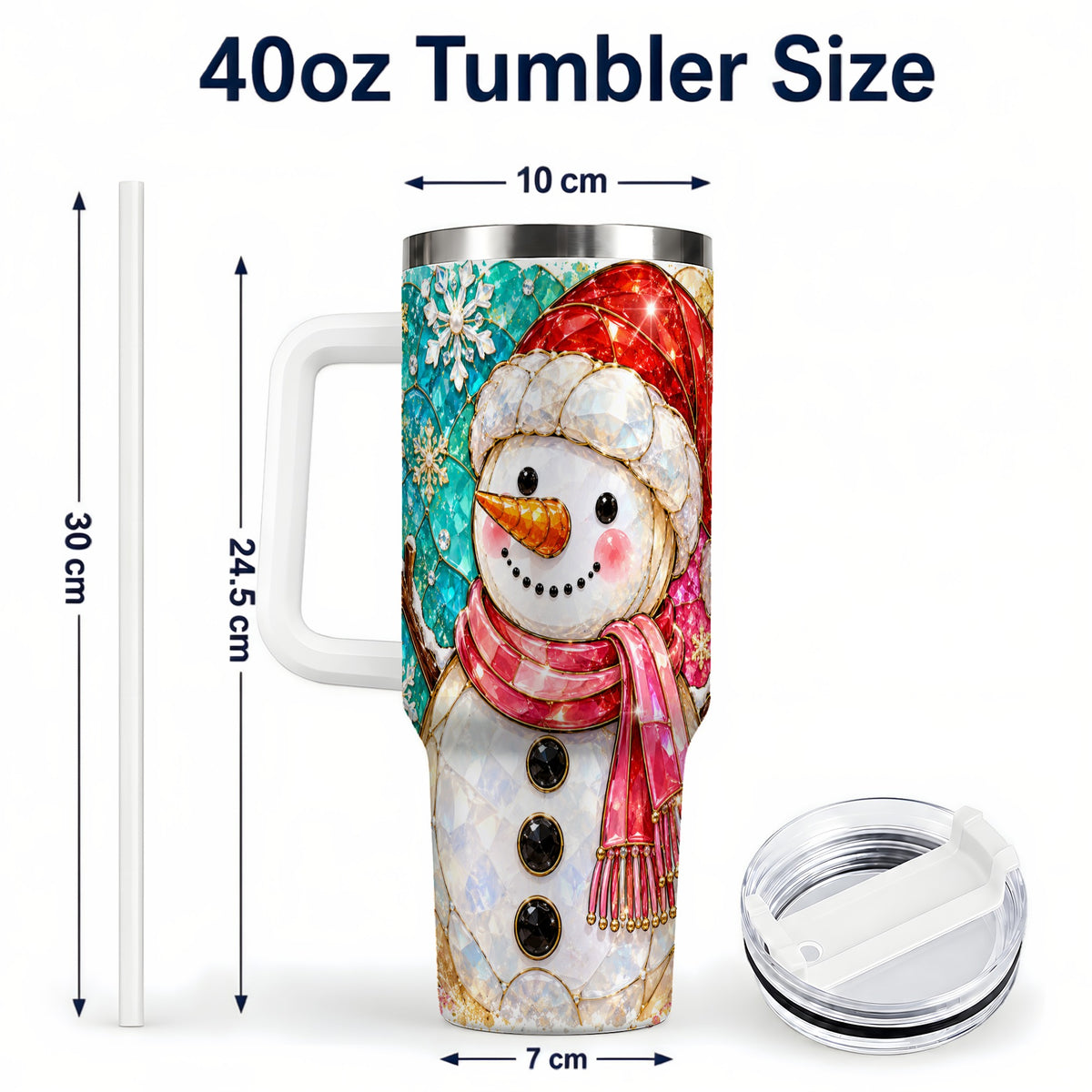 #pl[40oz|White] Snowman 40oz Tumbler with Handle, Jeweled Winter Travel Cup