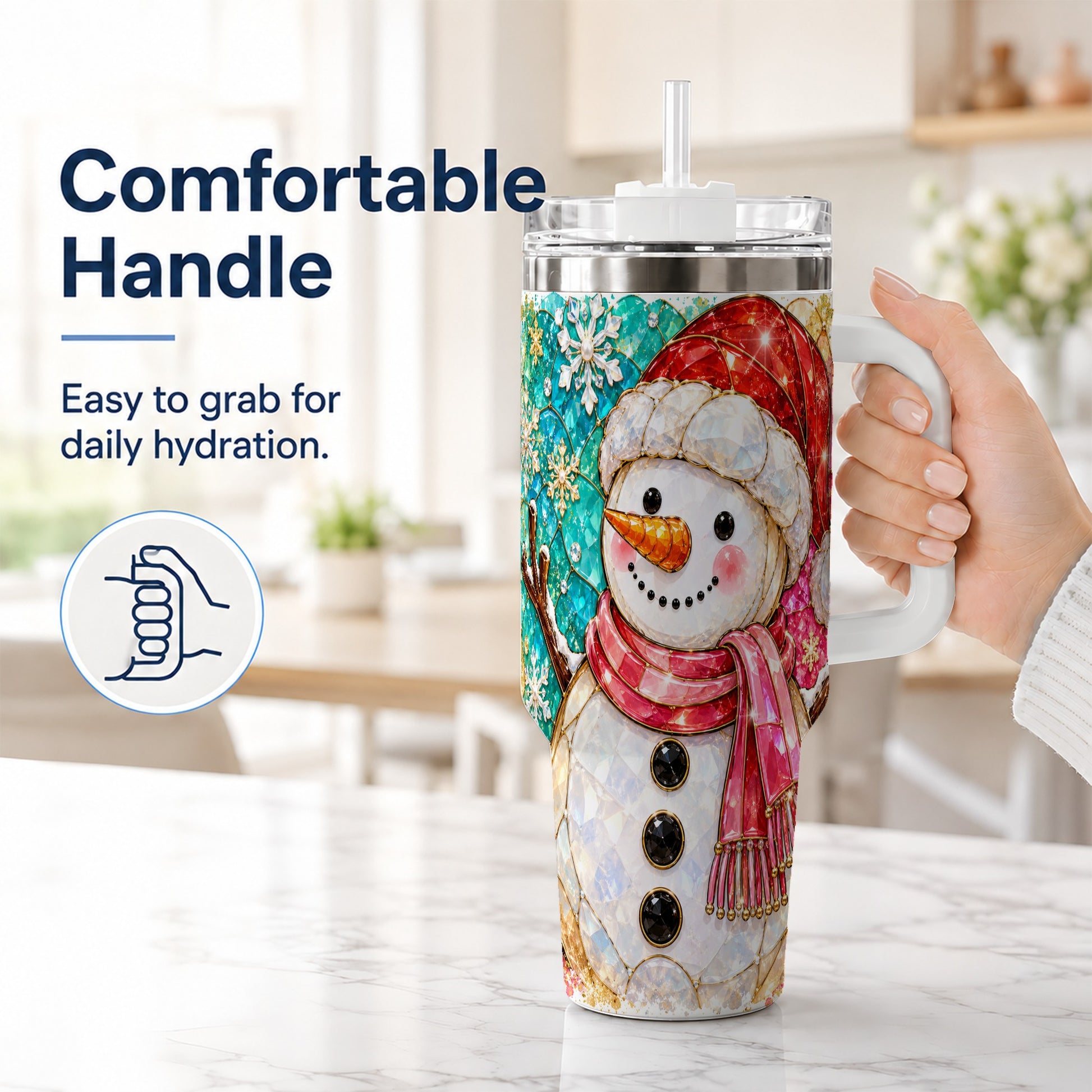 #pl[40oz|White] Snowman 40oz Tumbler with Handle, Jeweled Winter Travel Cup