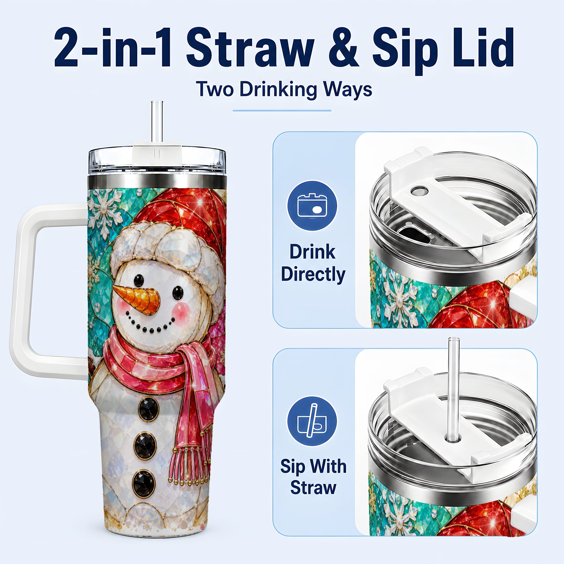 #pl[40oz|White] Snowman 40oz Tumbler with Handle, Jeweled Winter Travel Cup