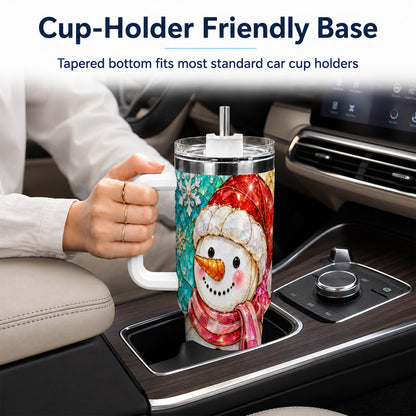 #pl[40oz|White] Snowman 40oz Tumbler with Handle, Jeweled Winter Travel Cup