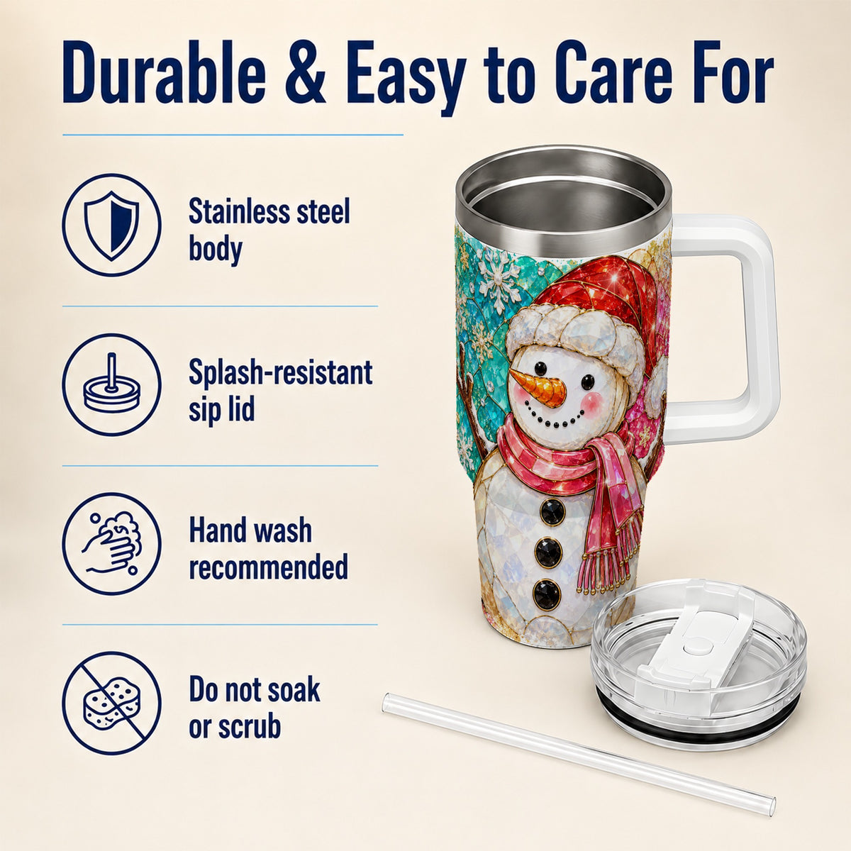 #pl[40oz|White] Snowman 40oz Tumbler with Handle, Jeweled Winter Travel Cup