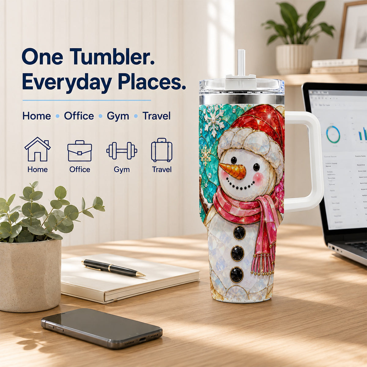 #pl[40oz|White] Snowman 40oz Tumbler with Handle, Jeweled Winter Travel Cup
