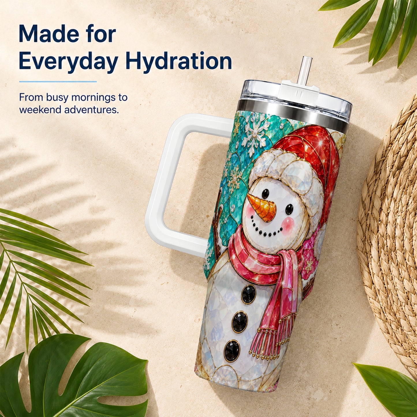 #pl[40oz|White] Snowman 40oz Tumbler with Handle, Jeweled Winter Travel Cup