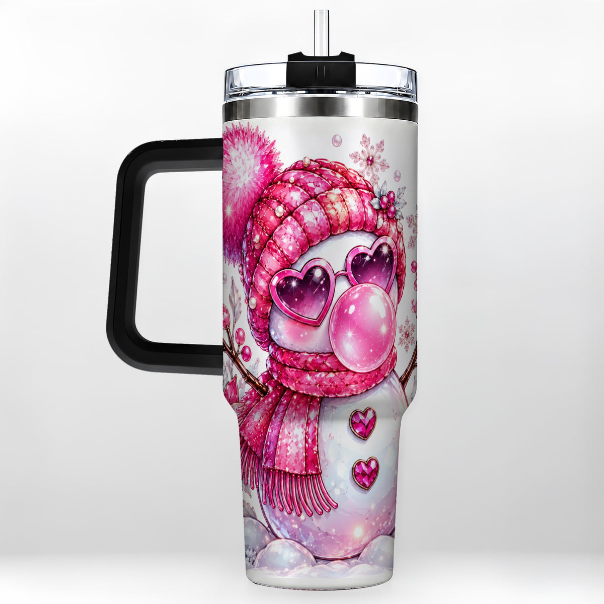 #pl[40oz|Black] Pink Snowman 40oz Tumbler with Handle, Playful Winter Travel Cup