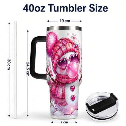 #pl[40oz|Black] Pink Snowman 40oz Tumbler with Handle, Playful Winter Travel Cup