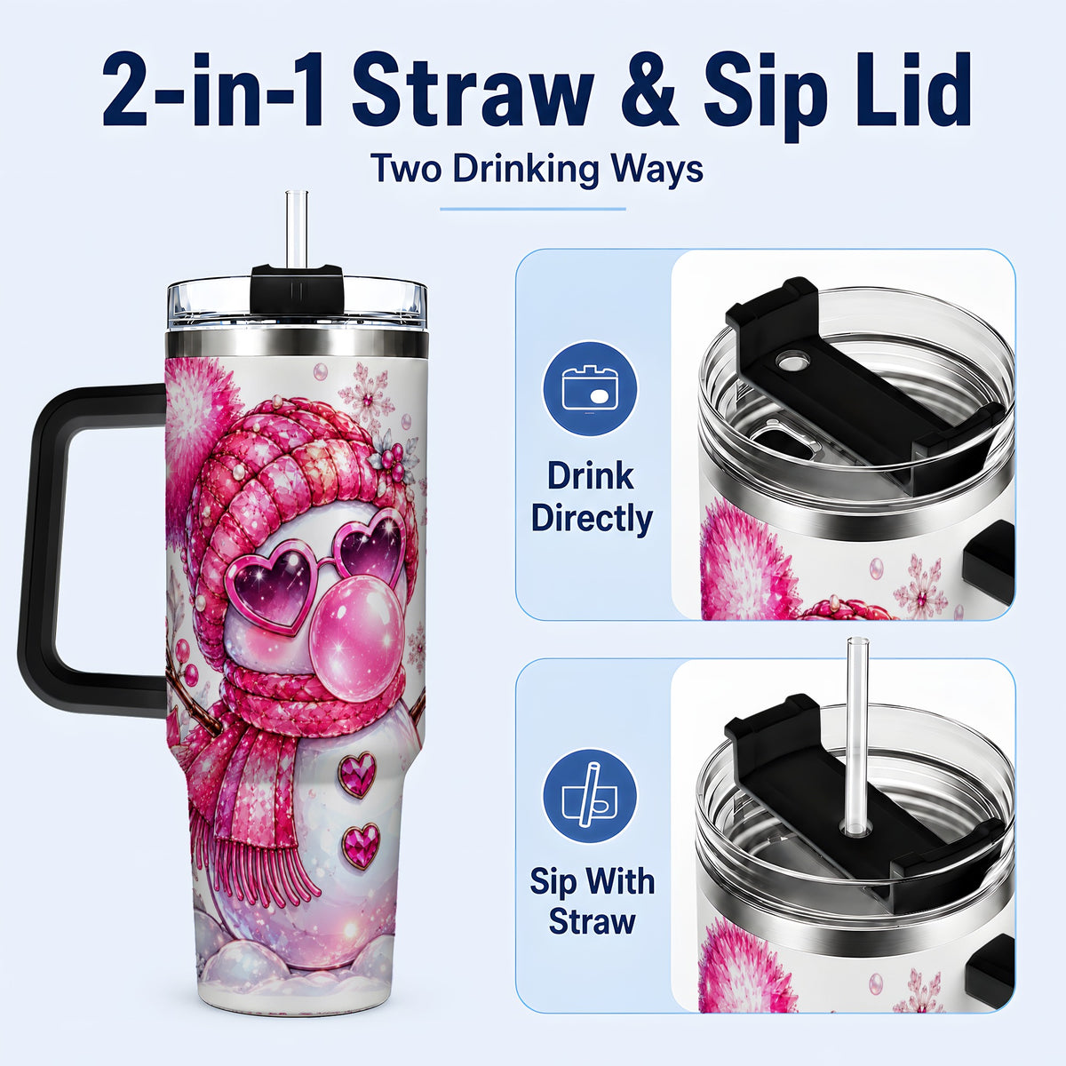 #pl[40oz|Black] Pink Snowman 40oz Tumbler with Handle, Playful Winter Travel Cup