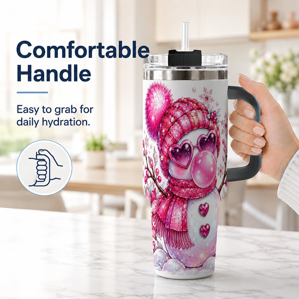 #pl[40oz|Black] Pink Snowman 40oz Tumbler with Handle, Playful Winter Travel Cup