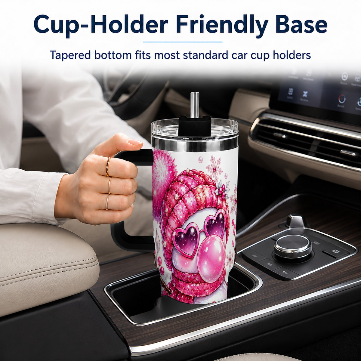 #pl[40oz|Black] Pink Snowman 40oz Tumbler with Handle, Playful Winter Travel Cup