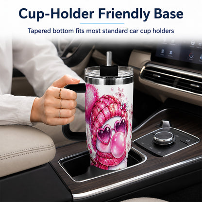 #pl[40oz|Black] Pink Snowman 40oz Tumbler with Handle, Playful Winter Travel Cup