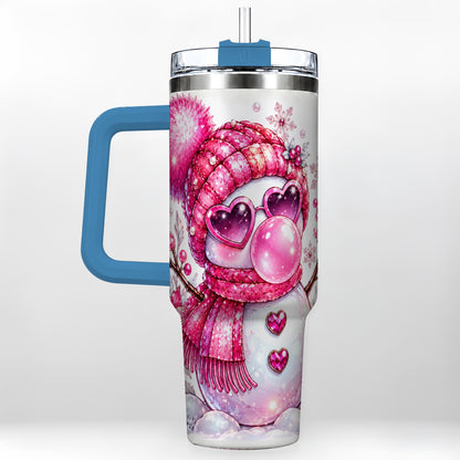 #pl[40oz|Blue] Pink Snowman 40oz Tumbler with Handle, Playful Winter Travel Cup