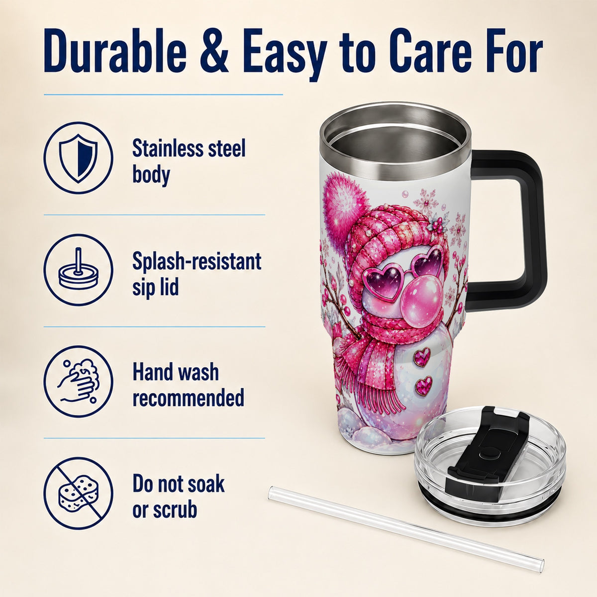 #pl[40oz|Black] Pink Snowman 40oz Tumbler with Handle, Playful Winter Travel Cup