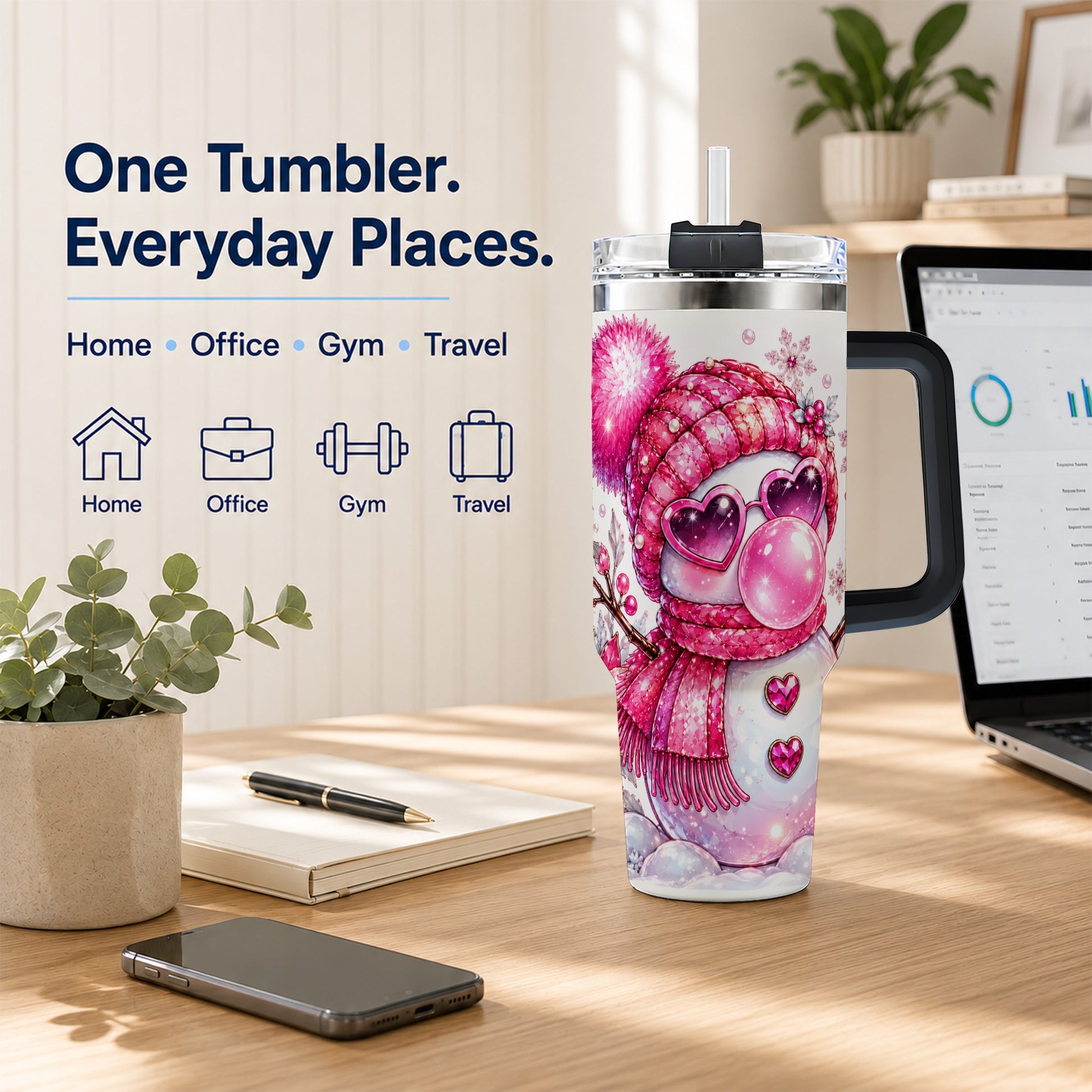 #pl[40oz|Black] Pink Snowman 40oz Tumbler with Handle, Playful Winter Travel Cup