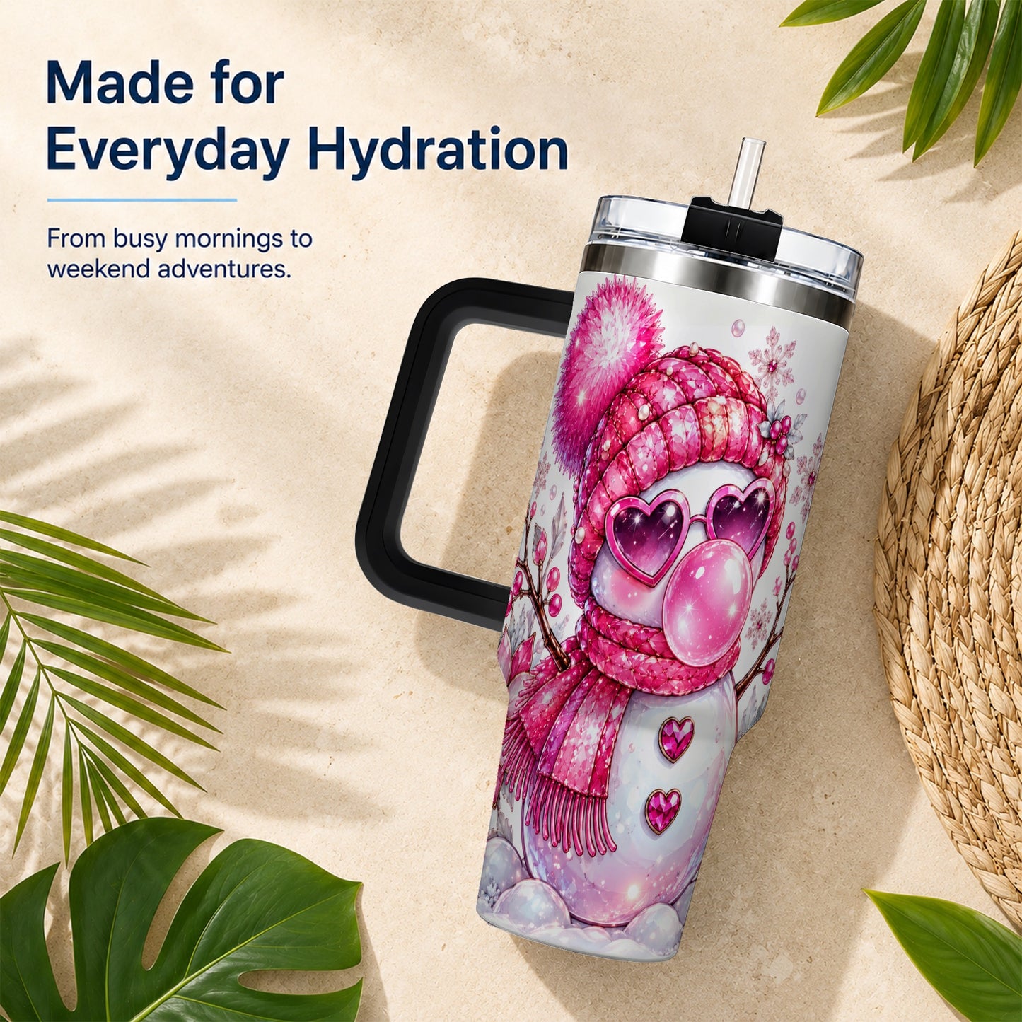 #pl[40oz|Black] Pink Snowman 40oz Tumbler with Handle, Playful Winter Travel Cup