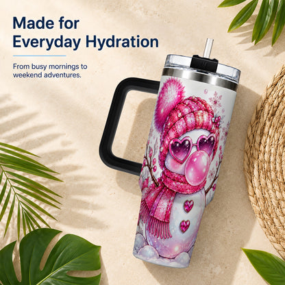 #pl[40oz|Black] Pink Snowman 40oz Tumbler with Handle, Playful Winter Travel Cup