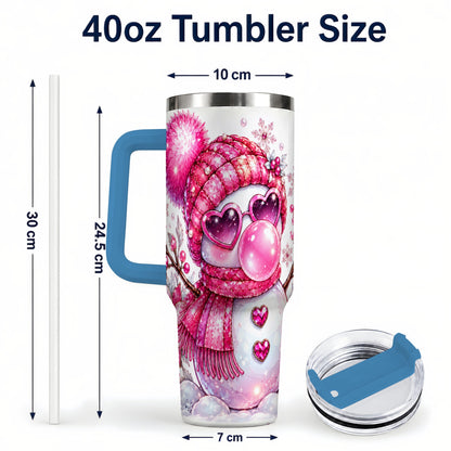 #pl[40oz|Blue] Pink Snowman 40oz Tumbler with Handle, Playful Winter Travel Cup