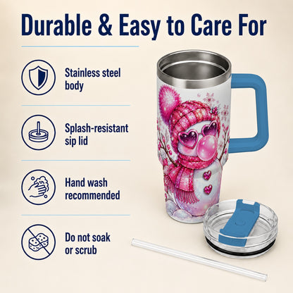 #pl[40oz|Blue] Pink Snowman 40oz Tumbler with Handle, Playful Winter Travel Cup