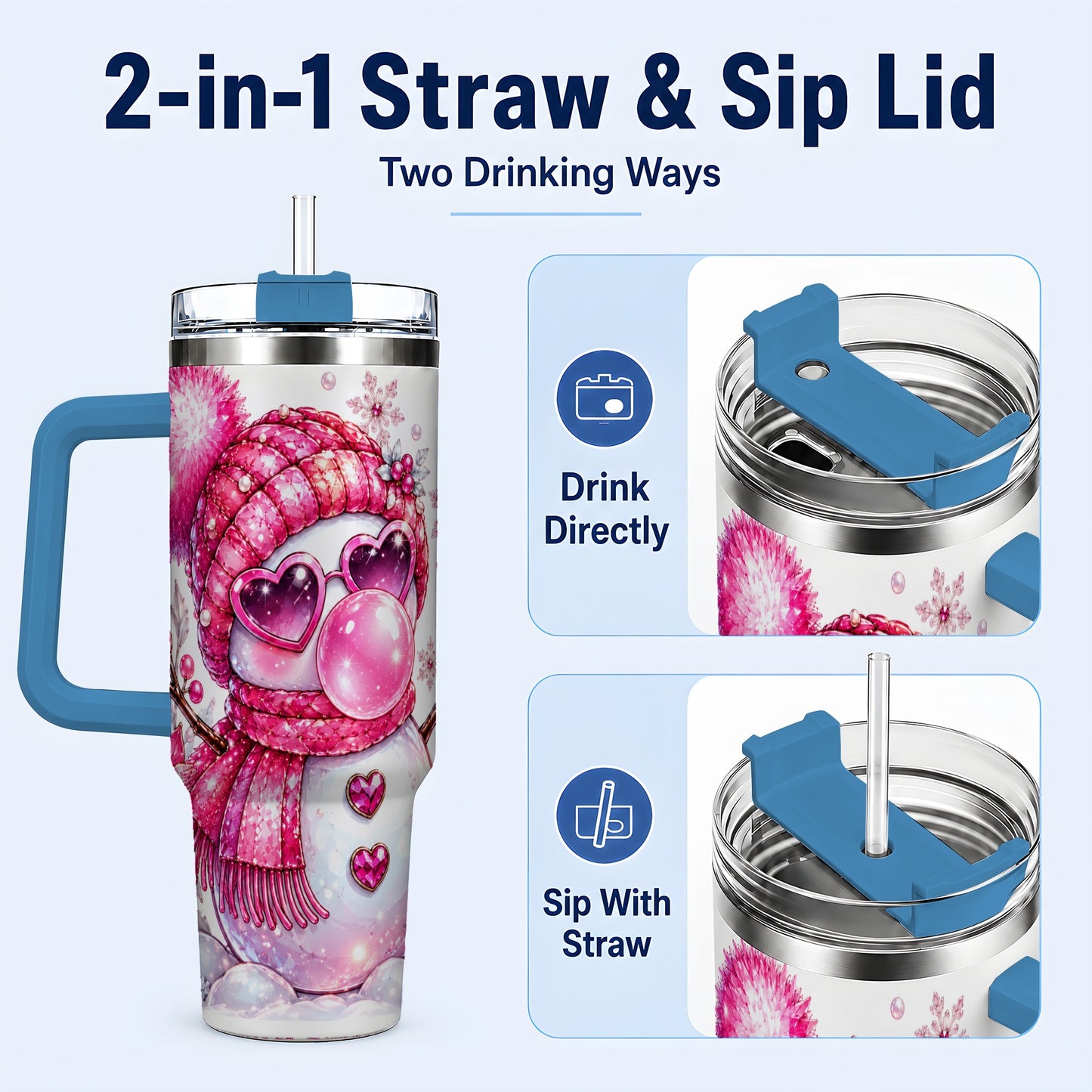 #pl[40oz|Blue] Pink Snowman 40oz Tumbler with Handle, Playful Winter Travel Cup