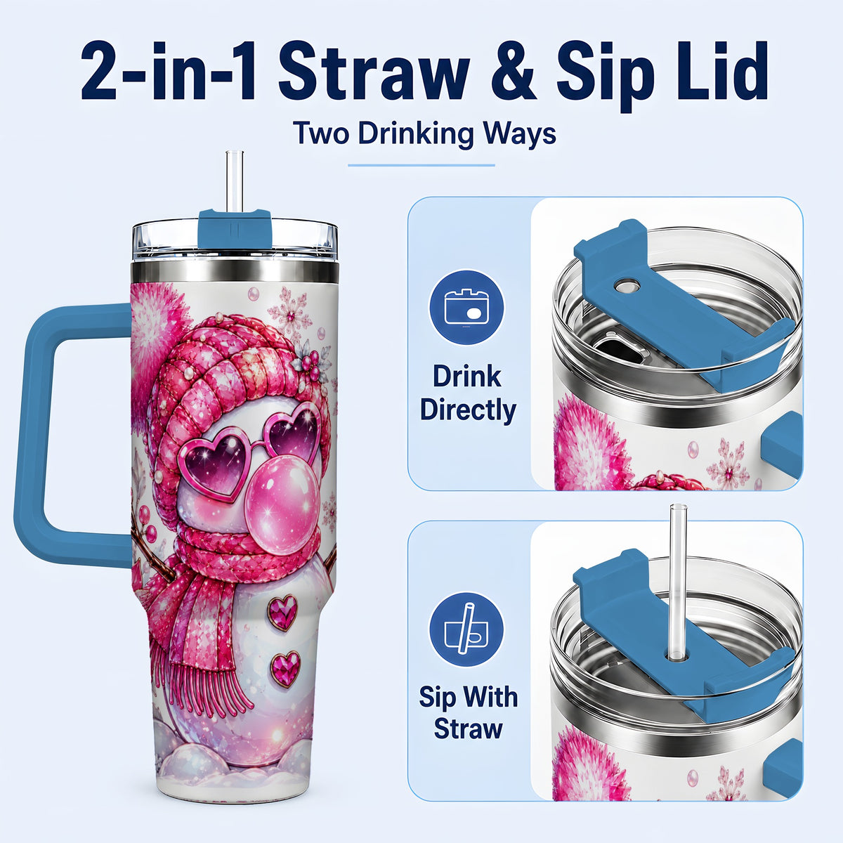 #pl[40oz|Blue] Pink Snowman 40oz Tumbler with Handle, Playful Winter Travel Cup