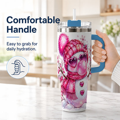 #pl[40oz|Blue] Pink Snowman 40oz Tumbler with Handle, Playful Winter Travel Cup