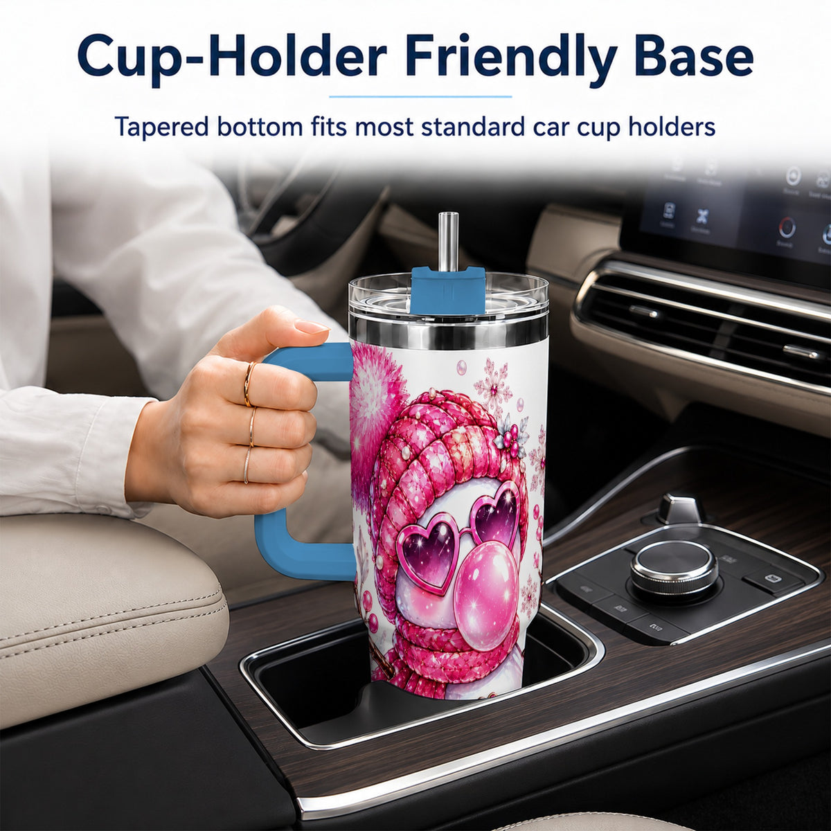 #pl[40oz|Blue] Pink Snowman 40oz Tumbler with Handle, Playful Winter Travel Cup