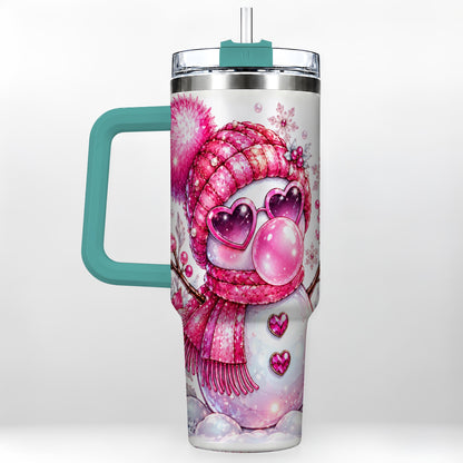 #pl[40oz|Green] Pink Snowman 40oz Tumbler with Handle, Playful Winter Travel Cup