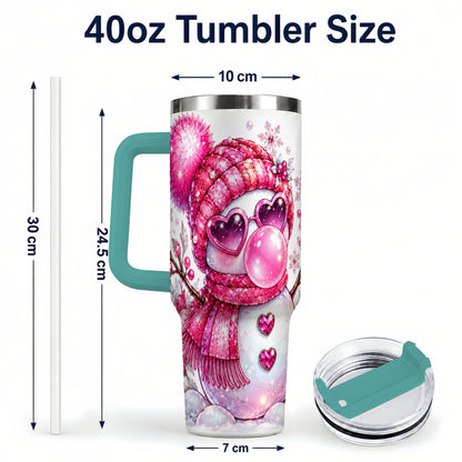 #pl[40oz|Green] Pink Snowman 40oz Tumbler with Handle, Playful Winter Travel Cup