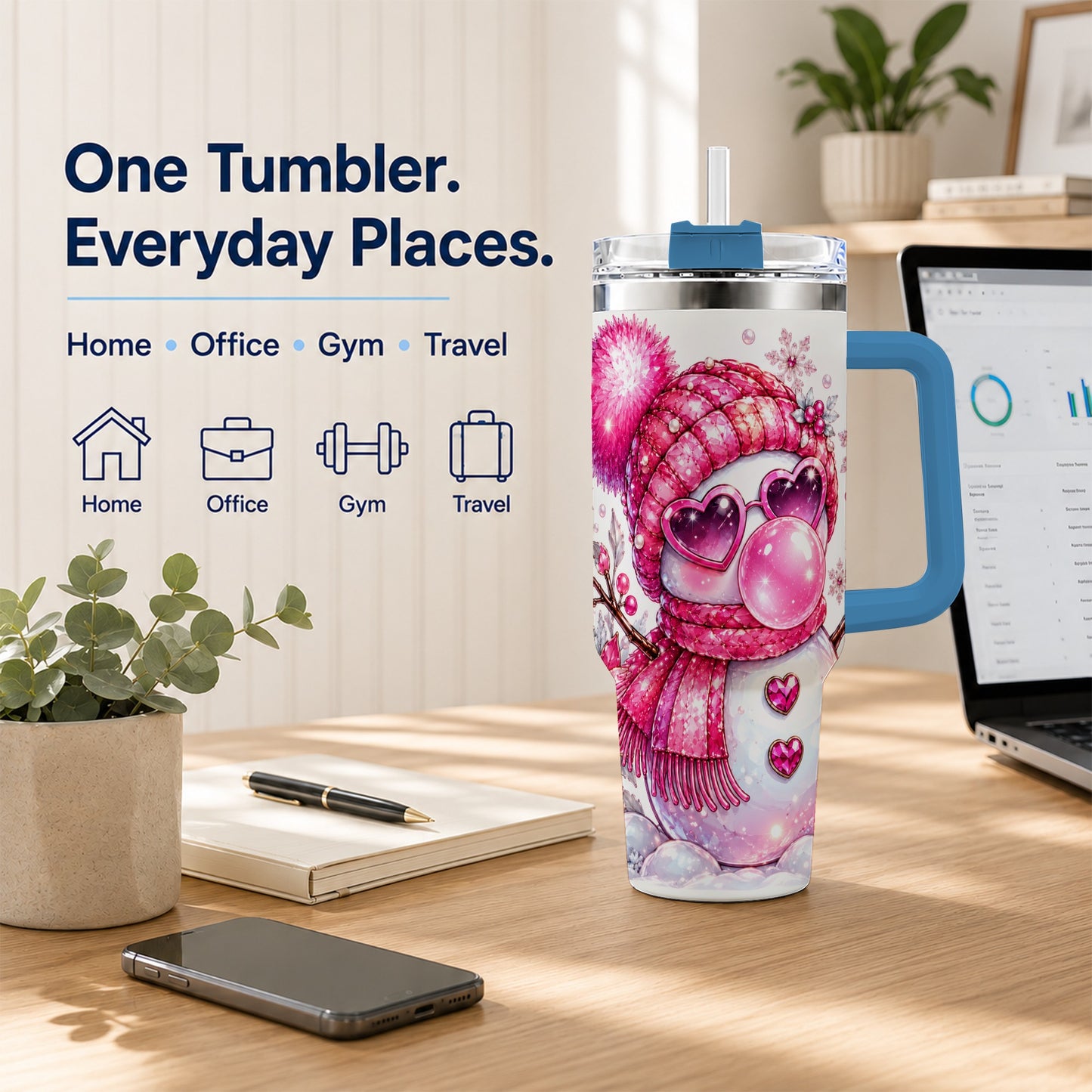 #pl[40oz|Blue] Pink Snowman 40oz Tumbler with Handle, Playful Winter Travel Cup