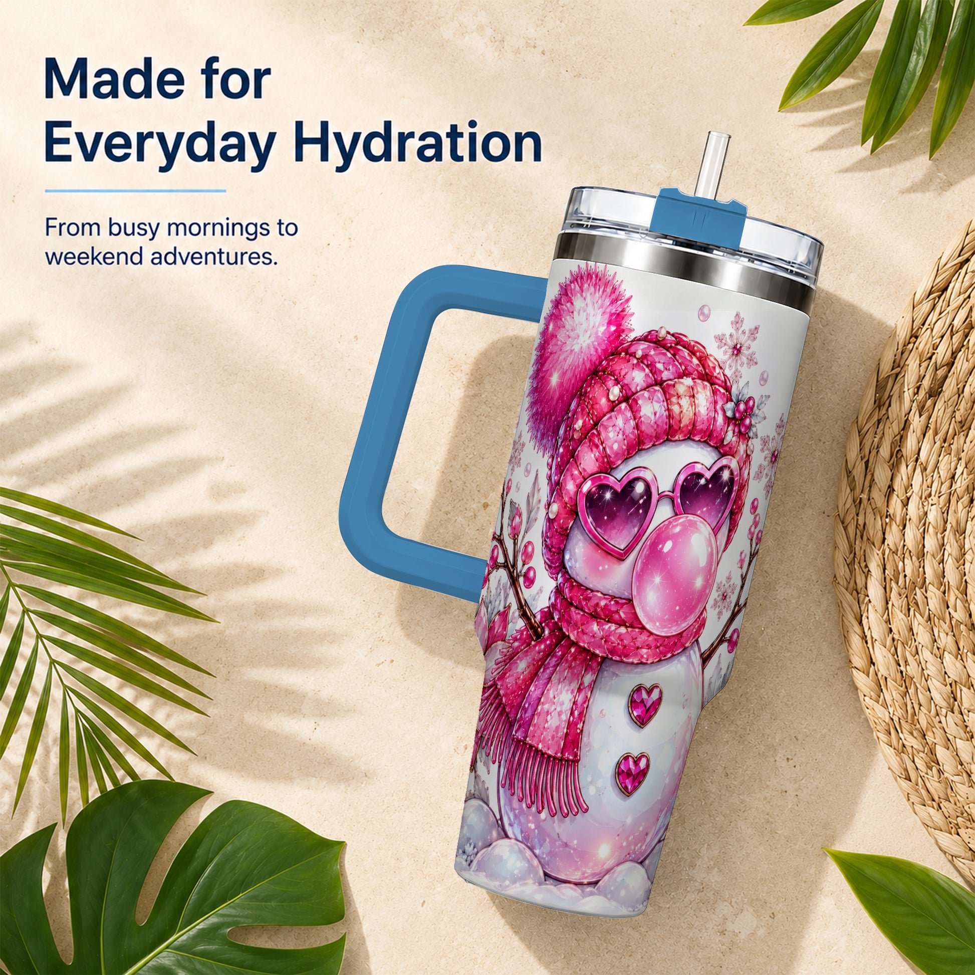 #pl[40oz|Blue] Pink Snowman 40oz Tumbler with Handle, Playful Winter Travel Cup