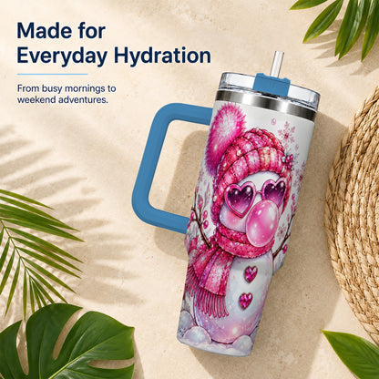 #pl[40oz|Blue] Pink Snowman 40oz Tumbler with Handle, Playful Winter Travel Cup