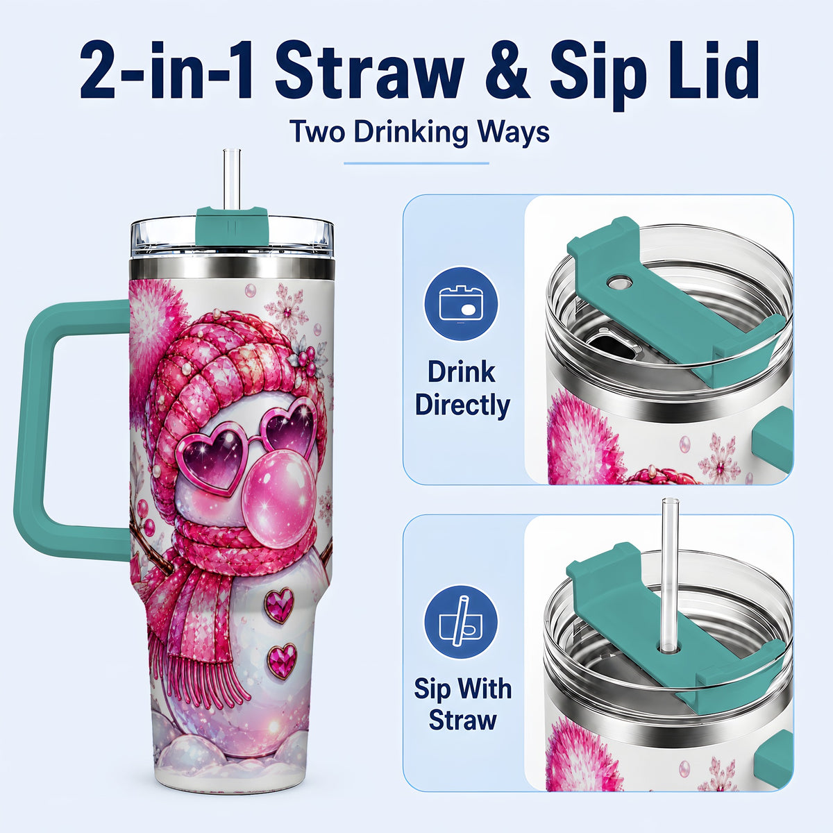 #pl[40oz|Green] Pink Snowman 40oz Tumbler with Handle, Playful Winter Travel Cup