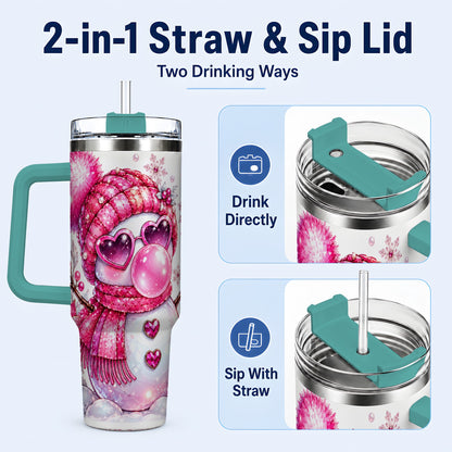 #pl[40oz|Green] Pink Snowman 40oz Tumbler with Handle, Playful Winter Travel Cup