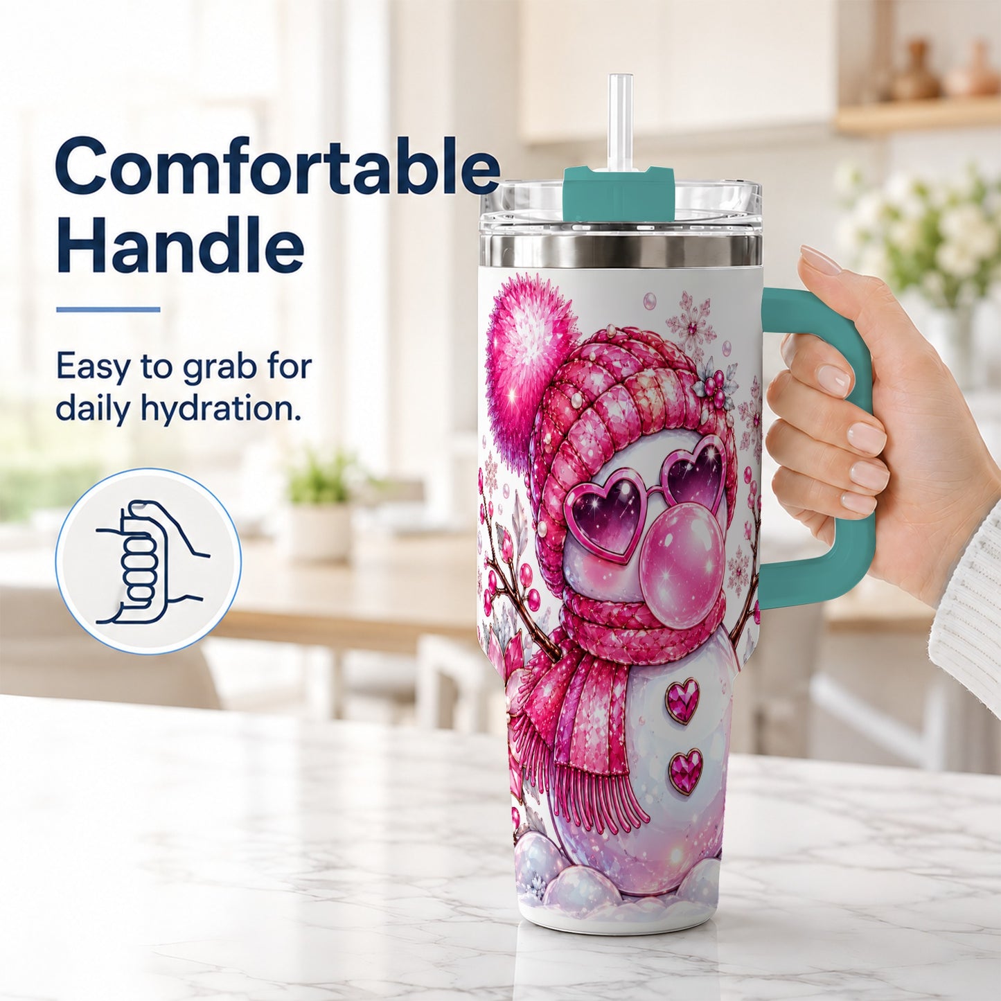 #pl[40oz|Green] Pink Snowman 40oz Tumbler with Handle, Playful Winter Travel Cup