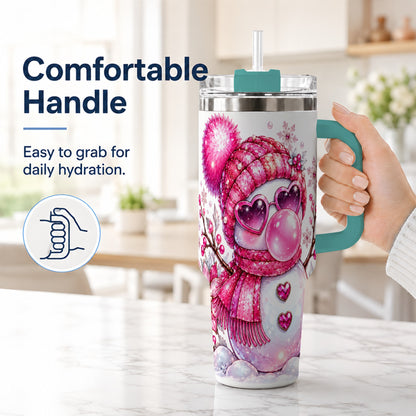 #pl[40oz|Green] Pink Snowman 40oz Tumbler with Handle, Playful Winter Travel Cup