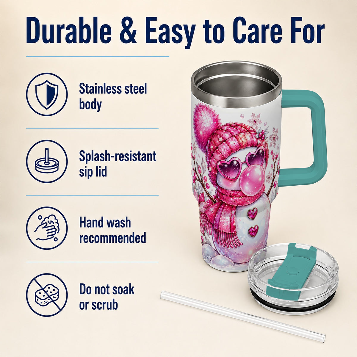 #pl[40oz|Green] Pink Snowman 40oz Tumbler with Handle, Playful Winter Travel Cup