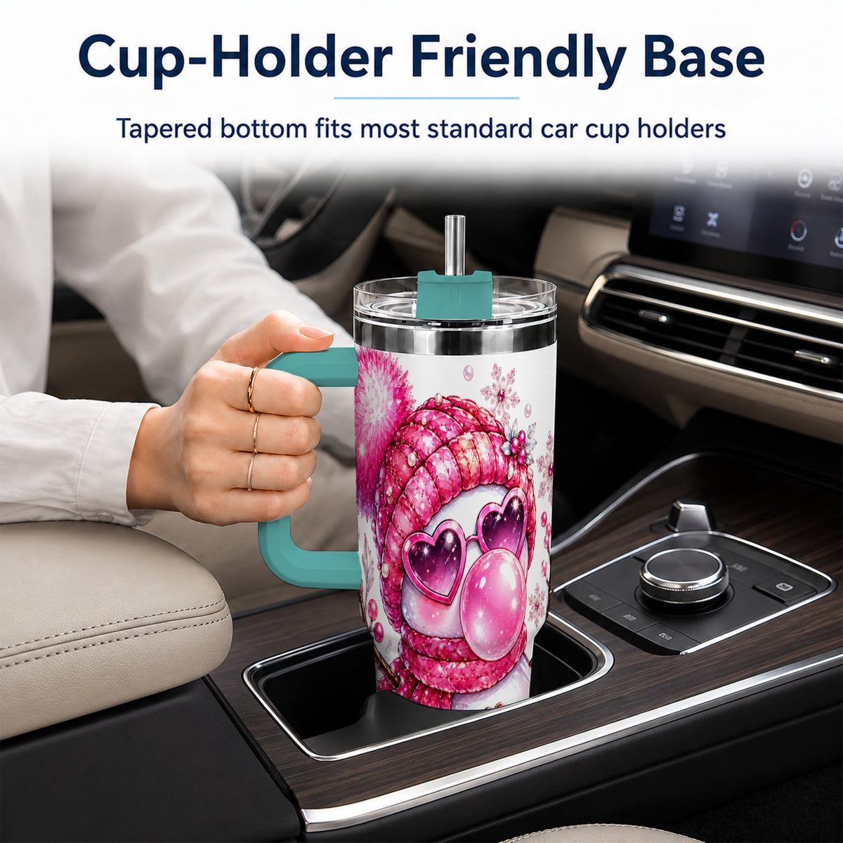 #pl[40oz|Green] Pink Snowman 40oz Tumbler with Handle, Playful Winter Travel Cup