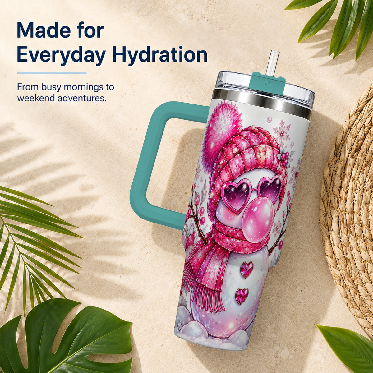 #pl[40oz|Green] Pink Snowman 40oz Tumbler with Handle, Playful Winter Travel Cup