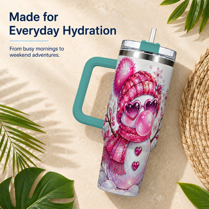 #pl[40oz|Green] Pink Snowman 40oz Tumbler with Handle, Playful Winter Travel Cup