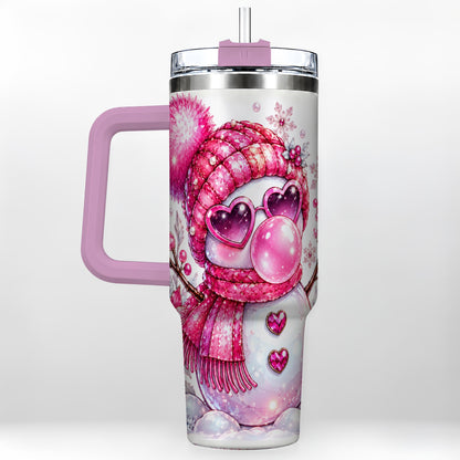 #pl[40oz|Pink] Pink Snowman 40oz Tumbler with Handle, Playful Winter Travel Cup